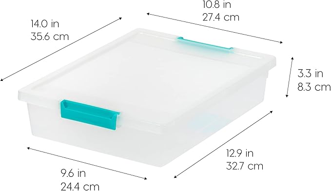 IRIS USA 6 Qt. Craft Storage Bins with Lids, 3-Pack, Made in USA, Clip Box, Small Plastic Sensory Bin Tote Organizer Containers for Art Supplies, Paper, & Office, Stackable - Clear/Seafoam Blue