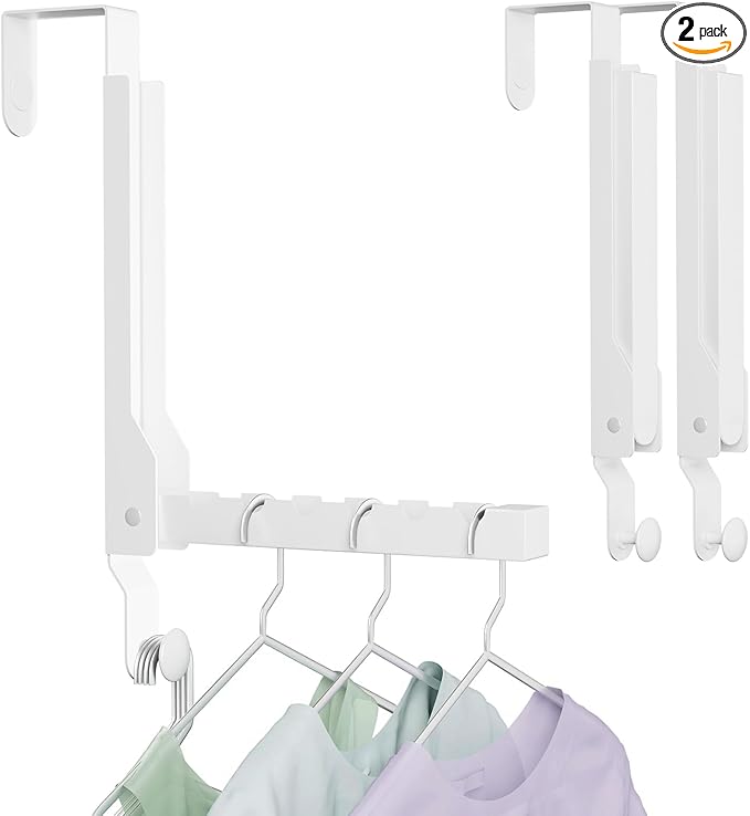 2 Pack Over The Door Hanger Folding Clothes Drying Rack, Folding Hanging Coat Rack for Indoor Laundry Room Compact Small Space Foldable Portable Clothing Hanger Hook Collapsible (White-2(Upgraded))