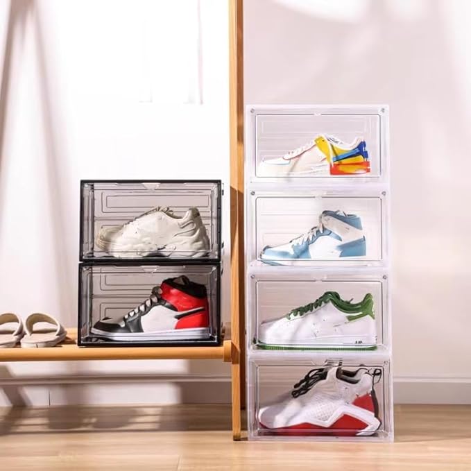 Attelite Shoe Box, Upgraded Large Clear Shoe Storage Box Stackable, 8 Pack Thicken Plastic Shoe Containers, Drop Front Large Magnetic Door, Shoe Storage Organizer for Display Sneakers