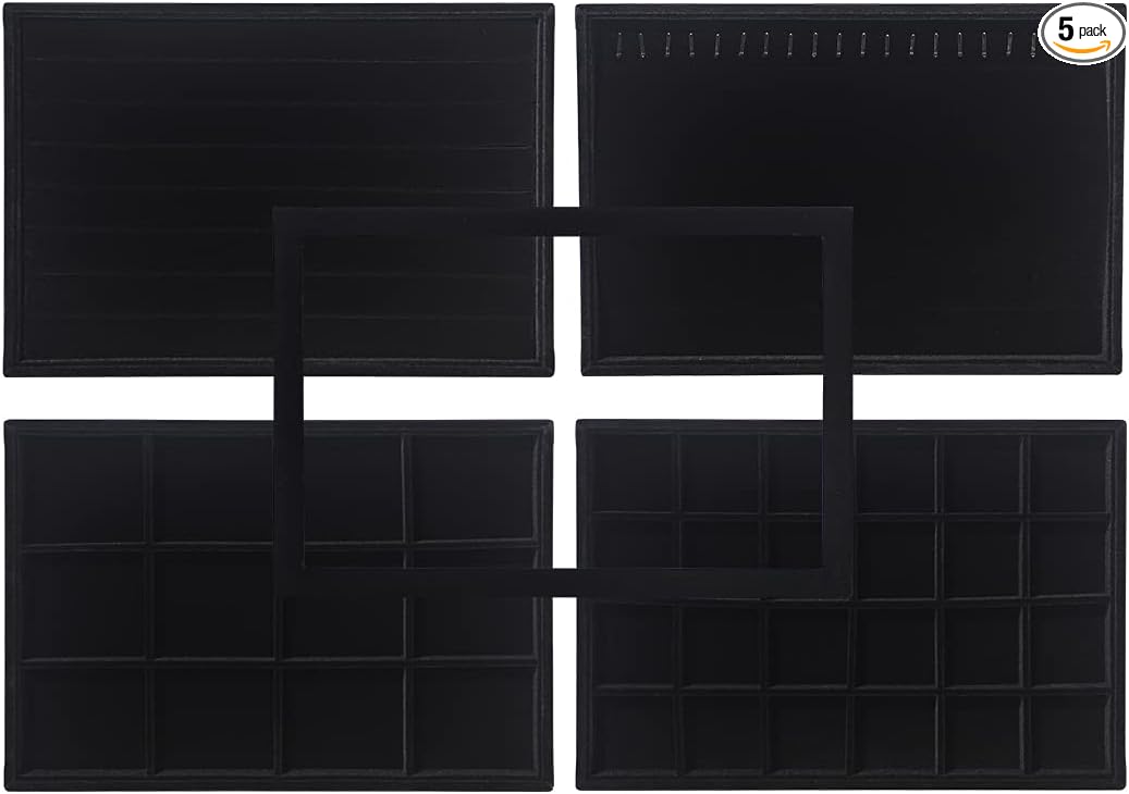 Coward Set of 5 Stackable Jewelry Organizer Tray Necklace Earring Box Storage Ring Bracelet Display Holder (Black (ring+necklace+earring+12-grid))