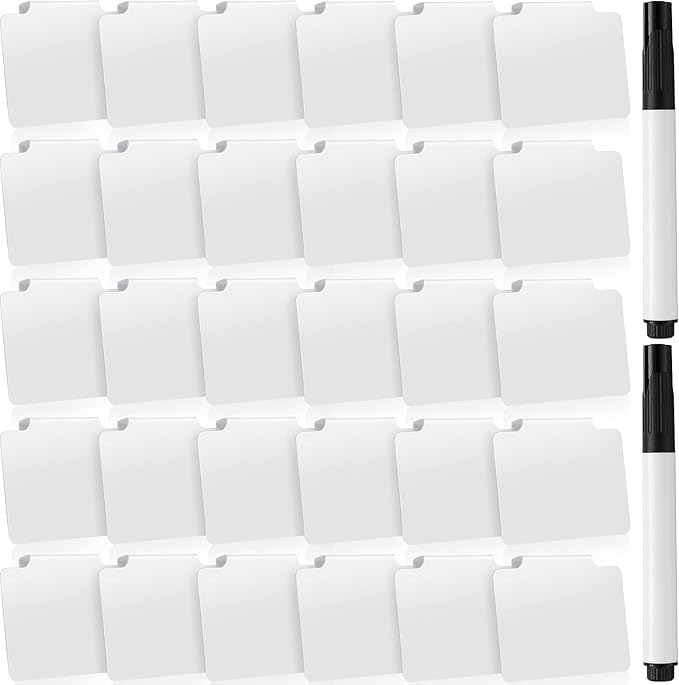 32 Pieces Basket Labels Clip Set, Include 30 Kitchen Clip Label Holder Removable PVC Bin with 2 Chalk Marker for Basket Pantry Organization Box (White Label Clip, Black Pen)