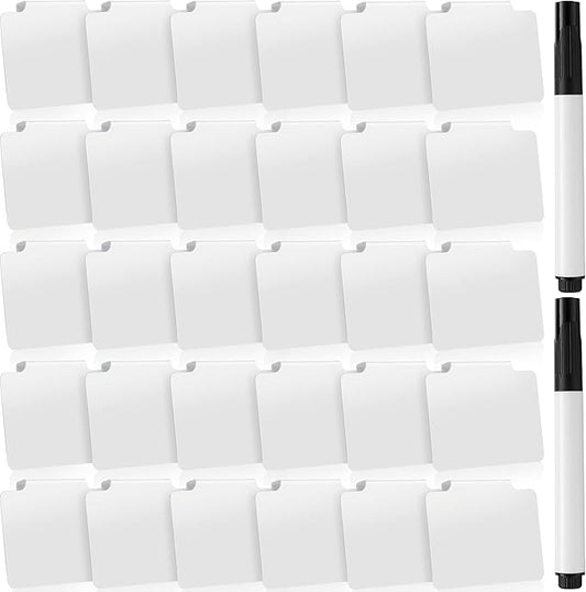 32 Pieces Basket Labels Clip Set, Include 30 Kitchen Clip Label Holder Removable PVC Bin with 2 Chalk Marker for Basket Pantry Organization Box (White Label Clip, Black Pen)