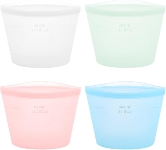 4-Pack Reusable Silicone Food Storage Bags, Stand-Up Pinch-Seal Design, BPA-Free, Microwave & Dishwasher Safe, Mixed Colors (17 oz)