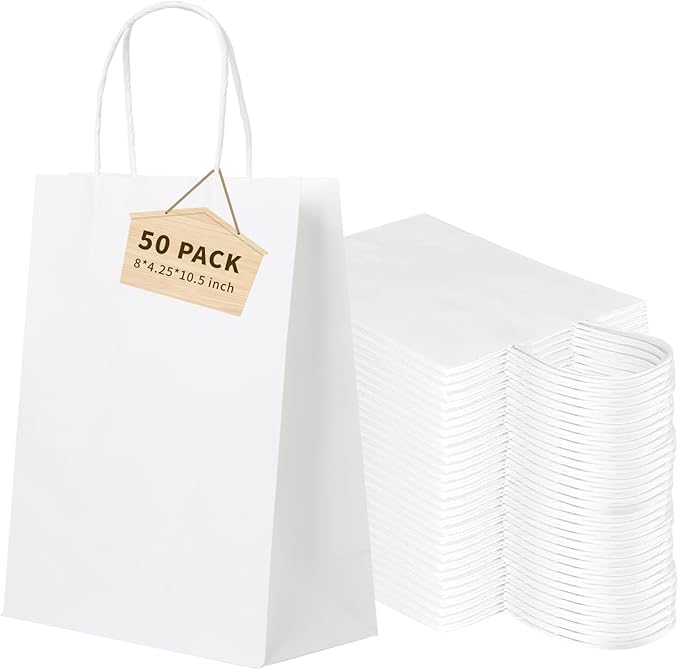 FACEBAG 50 PCS White Paper Bags with Handles Bulk, 8x4.25x10.5 Inches,Medium-sized White Gift Bags with Handles for Party Favors, Take-Out, Grocery Shopping & Retail, Reusable & Durable