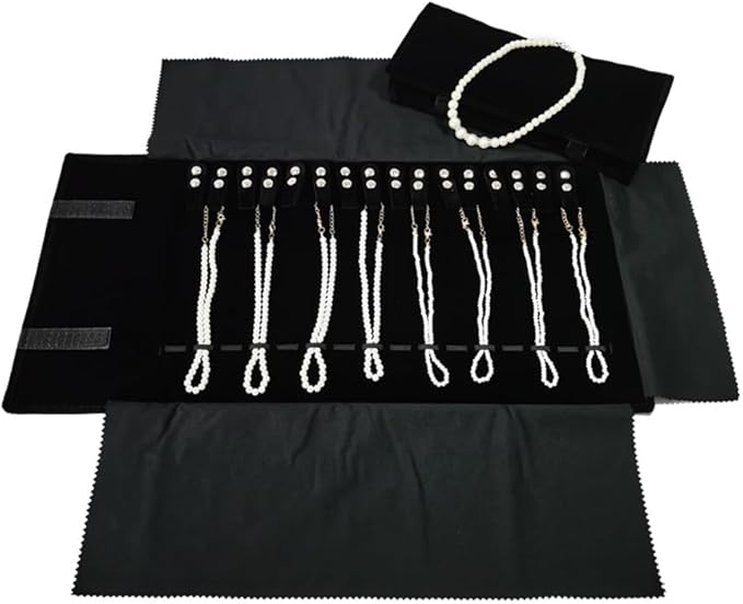 Velet Travel Jewelry Case Roll Bag Organizer for Necklace Bracelet Black Gray Velvet (Black with elastic)