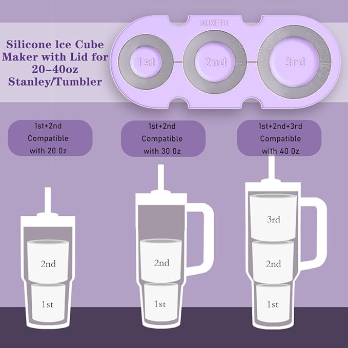 Ice Mold for Stanley Cup 30/40 Oz - Easy Fill and Release Without Touching Ice, Silicone Ice Cube Tray with Clear Lid and Bin for Freezer, Whiskey, Cocktail (Purple)
