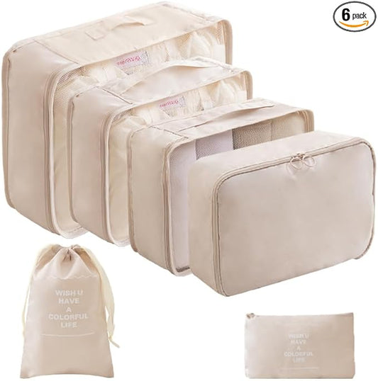 6 Set Packing Cubes for Travel, Luggage Organizers with Shoe & Toiletry Bags, Lightweight Suitcase Organizer for Carry-On, Washable Laundry Bags (Beige)