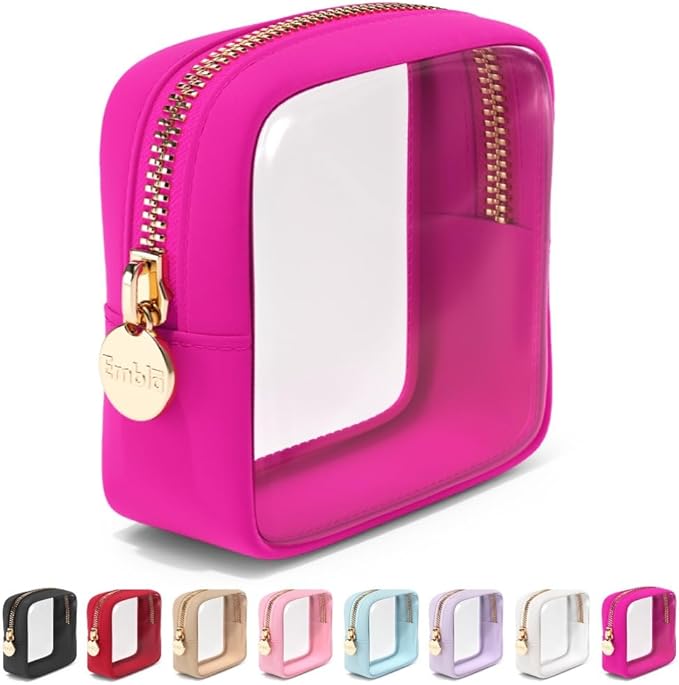 Clear Makeup Bag Zipper Pouch, Transparent Cosmetic Case Organizer, TSA Approved Travel Toiletry Case, Travel Accessories Essentials Makeup Tote for Women, Mini Cute Make up Bag for Purse - Fuchsia