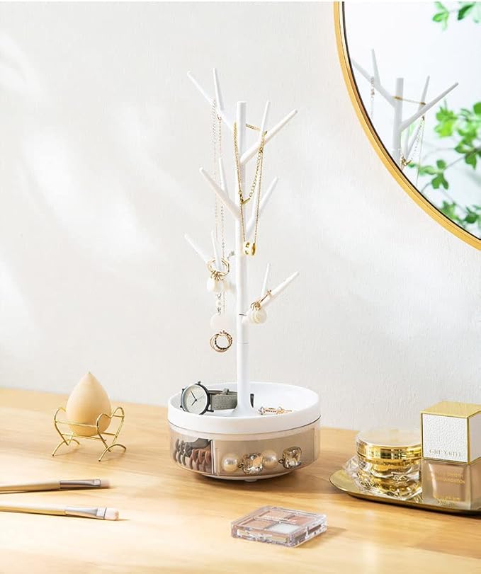 Branch Jewelry Rack With Rotatable Base and Storage Box Tree Tower Rack Hanging Organizer for Ring Earrings Necklace Bracelet,Suitable for living rooms, bathrooms,offices,etc.
