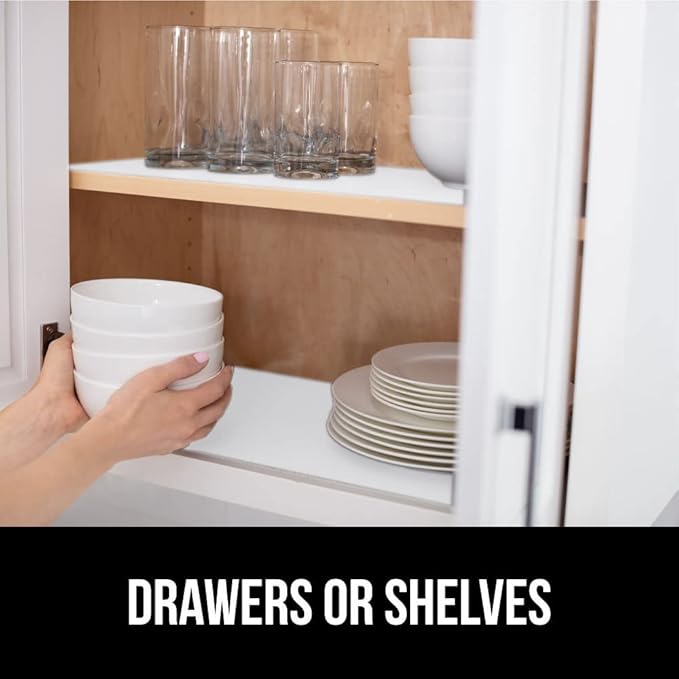 GORILLA GRIP DripGuard Shelf Liner, Non-Adhesive Drawer and Kitchen Cabinet Protector, Strong Grip Slip Resistant Underside, Smooth Surface Liners for Cabinets, Bathrooms, Closets, 12x240 Inch, White