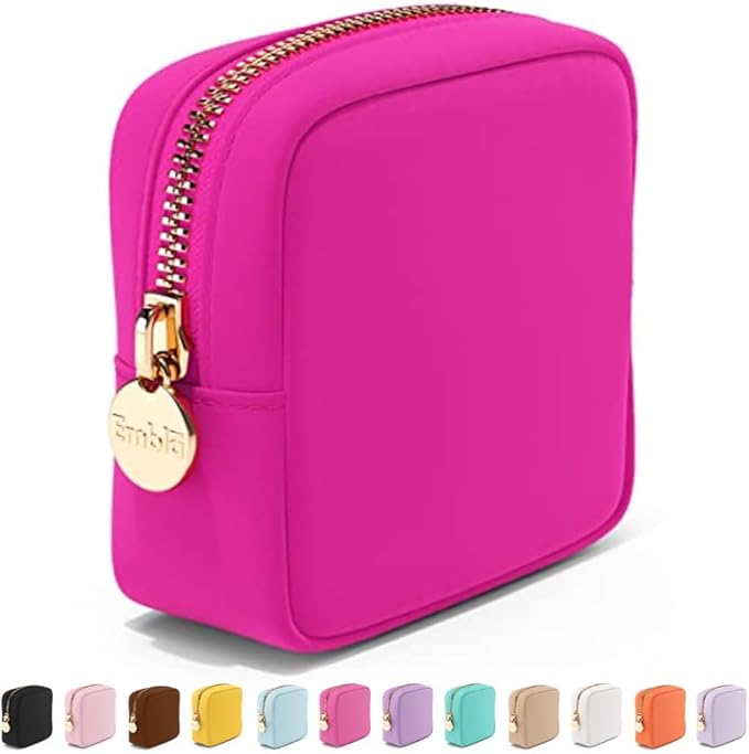 Embla Makeup Bag Travel Cosmetics Pouch and Toiletry Bag, Nylon Zipper Pouch Purse, Cute Make Up Organizer Storage Tote for Women Girls, Waterproof Travel Skincare Case, Small Makeup Bags, Fuchsia