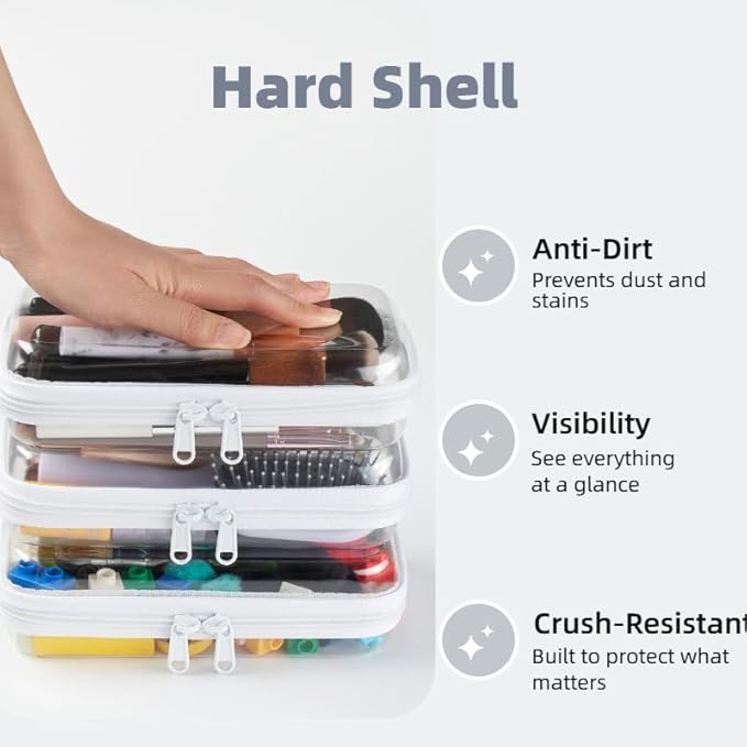 3-Pack Small Clear Hard Shell Zipper Pouches, Clear Zipper Bags, Hard Case Pouches for Purse & Diaper Bag Organizer, and Travel Essentials (3S)