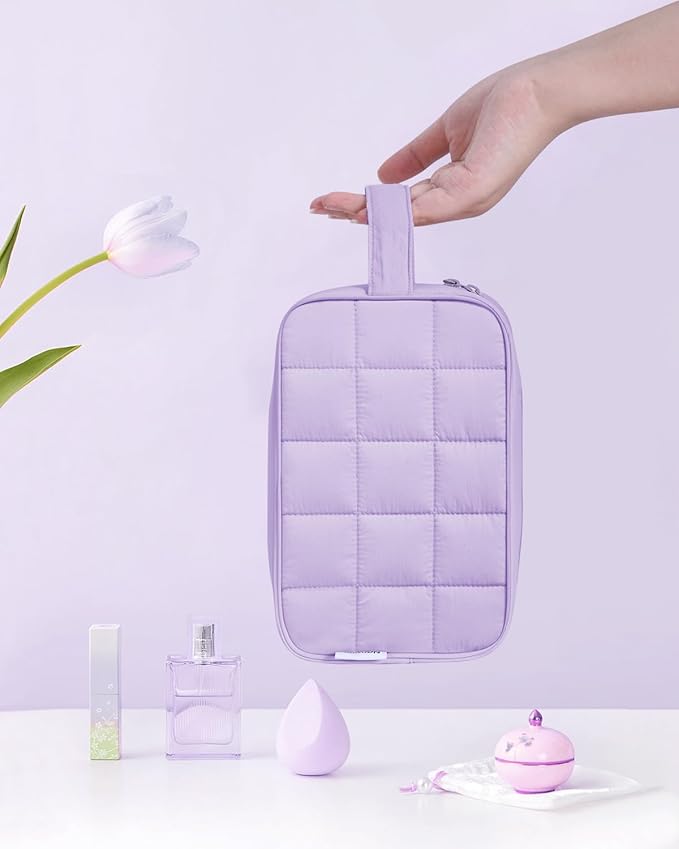 Narwey Puffy Travel Toiletry Bag for Traveling Women Girl, Travel Bag for Toiletries, Cute Travel Makeup Bag Organizer, Quilted Cosmetic Bag Make Up Skincare Medicine Bags