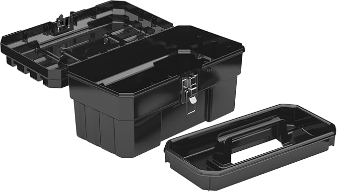 Akro-Mils 14-Inch Plastic Toolbox with Removable Tray, Steel Latch & Padlock Eye, Industrial-Grade Tool Box for Tools, Crafts, First Aid & Hobby Supplies, 14" x 8" x 8", Made in USA, Black (09514)