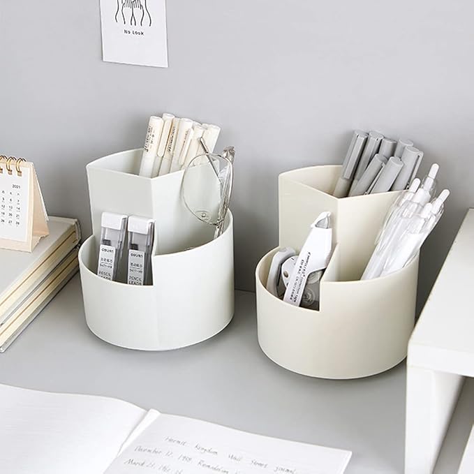 Rotating Pen Holder 3 Compartments, School Supplies Organizer for Pen, Colored Pencil, Art Brushes, Desktop Storage Box in Classroom & Art Studio, Gift for Teachers, Classmates, and Friends ,Grey