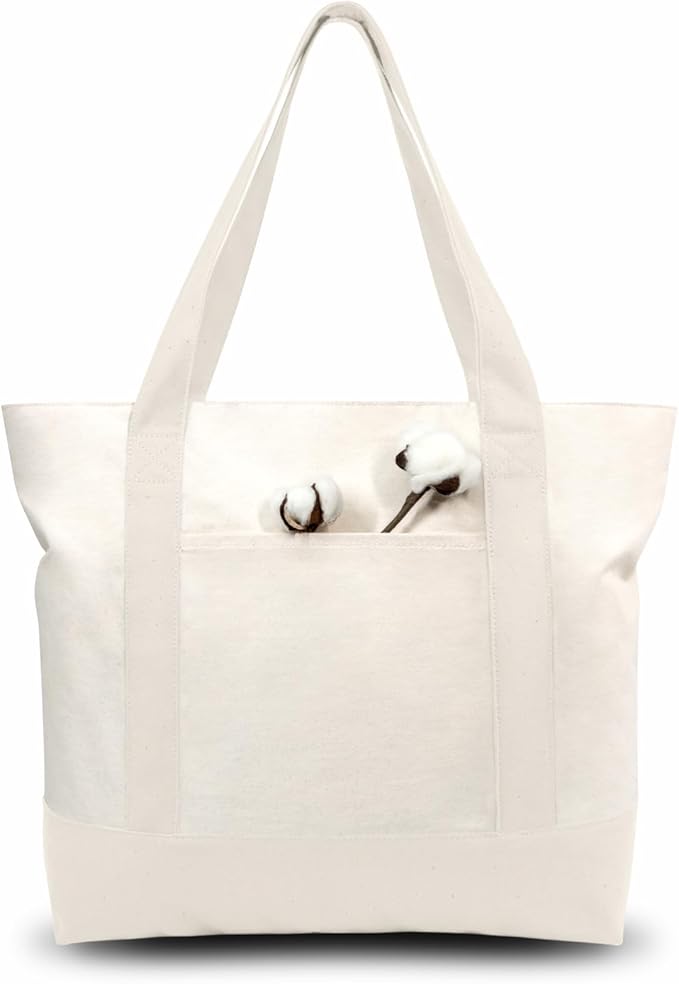 TOPDesign 30-Pack Canvas Tote Bags with an External Pocket, Reusable Grocery Shopping Bags, Top Zipper Closure, Daily Essentials (Natural)