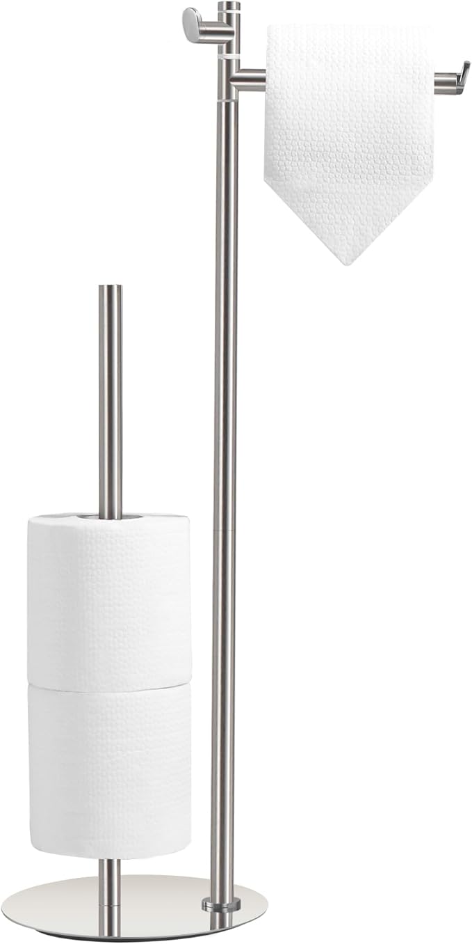 BVL Toilet Paper Holder Stand in Brushed Nickel, SUS304 Stainless Steel, Weighted Base, Holds 5 Jumbo Rolls, Waterproof Pad, Space-Saving Modern Bathroom Storage with Built-in Hook