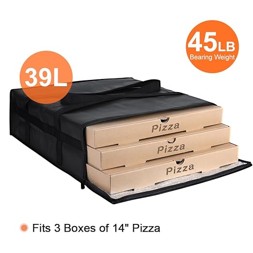 Insulated Pizza Delivery Bag for Carry Hot, 20" x 20" x 6" Carrier Warmer, Insulated Food Delivery Bag, Insulated Grocery Cooler Bags for Catering/Drivers Commercial Food Warmers（Black, 1Pk）