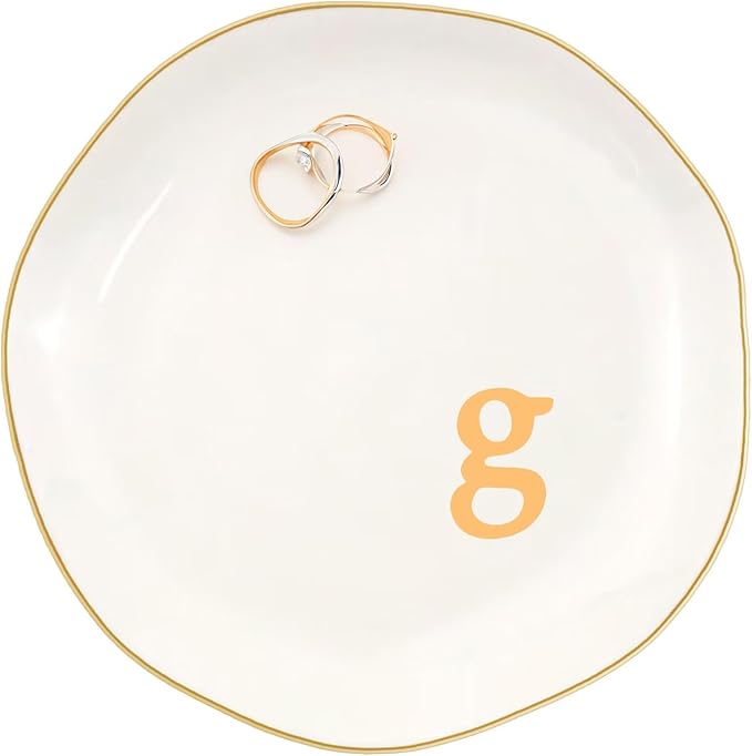 Ceramic Jewelry Dish with Personalized Monogram, White Decorative Ring Trinket Tray, Engagement Wedding Gift for Women Mom Friend, Letter g