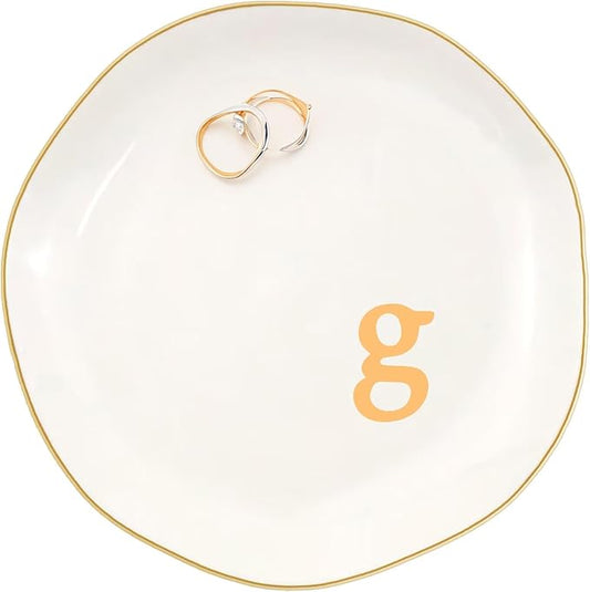 Ceramic Jewelry Dish with Personalized Monogram, White Decorative Ring Trinket Tray, Engagement Wedding Gift for Women Mom Friend, Letter g