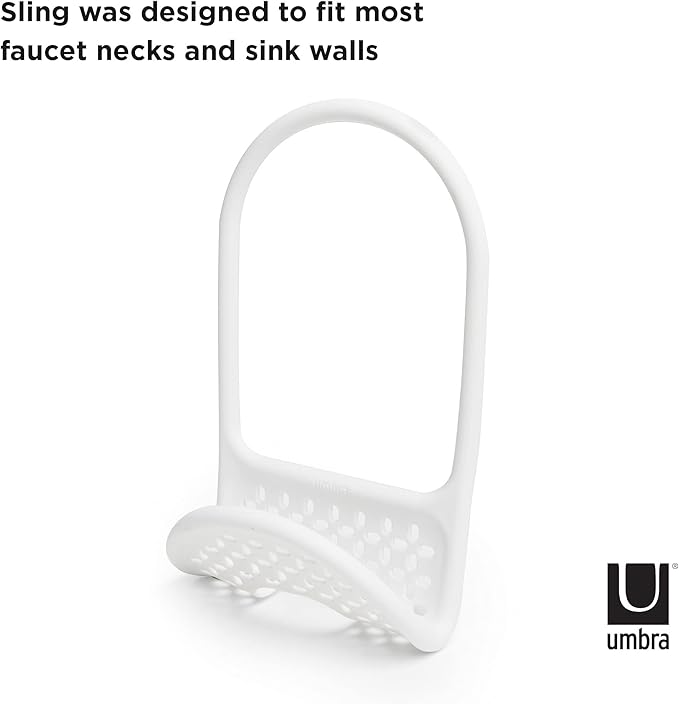 Umbra Sling Kitchen Sink Caddy Sponge Holder, Hangs Over Faucet or Divider, Single, White