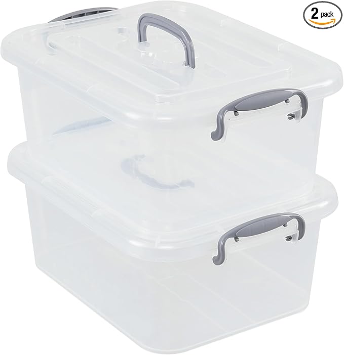 Yesdate Plastic Storage Bins with Lids 2 Pack Storage Organizer, 8 Quart Stackable Storage Bins with Buckle-Up Latches and Handle easy for Home Office Pantry Organization, Clear Lids