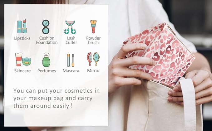 Aosbos Premium Small Makeup Bag, Compact Cosmetic Pouch, Travel-Size Make UP Case for Women, Leopard, Pink