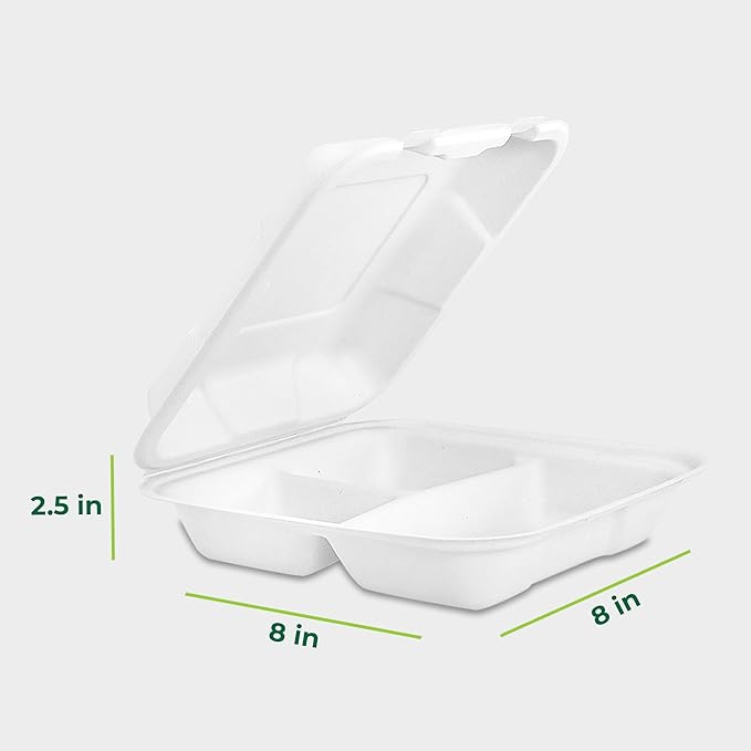 Freshware Compostable Clamshell Food Containers [8x8"] 3-Compartment 50-Pack, Disposable Containers, Biodegradable Sugarcane to Go Boxes - Paper Food Containers - Microwave & Freezer Safe, Stackable