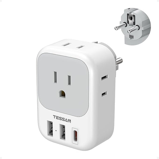 TESSAN Type E F Plug Adapter, Germany France Power Adapter with 3 USB Ports (1 USB C 20W), 4 AC Outlets Travel Adaptor for US to Europe EU Spain Iceland Korea Portugal Greece Russia German French
