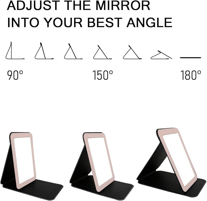Desk Folding Mirror Portable, Travel Makeup Mirror PU Portable Adjustable Rectangular Ultrathin Vanity Mirror with Stand, for Travel, Camping, Home, Gifts for Women (Rose Gold)