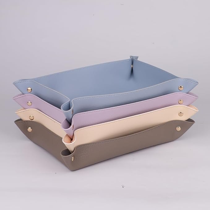 2PC Leather Valet Tray Organizer, Desk Organizer Tray Or Candy Holder, Practical Storage Tool for Travel, Home Or Office (Purple, Large+Extra Large)