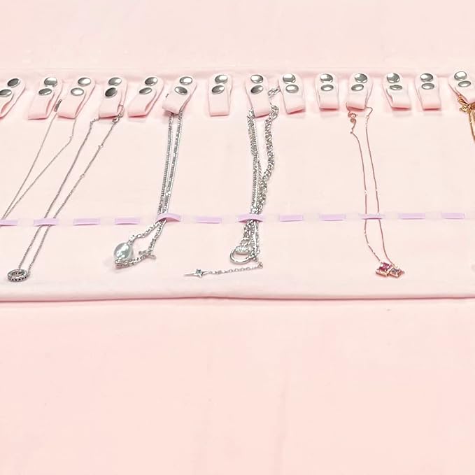 UnionPlus Velvet Travel Jewelry Roll Bag Organizer for Necklace, Elastic Band and Anti-winding, Large, Pink