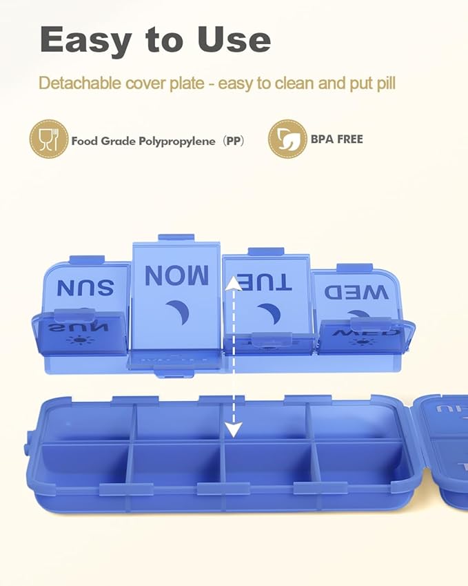 Pill Organizer Medicine Organizer Travel Essentials - Weekly Medicine Dispenser with Etched Labels, 7 Day AM PM Dispenser, Travel Pill Box, Foldable Medicine Case