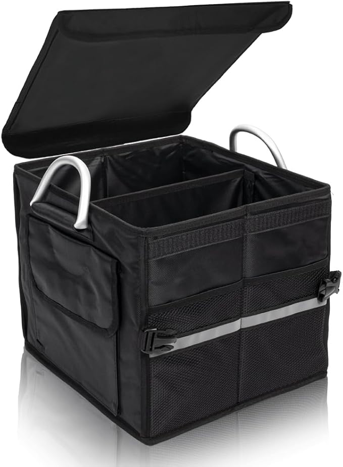 Tongketec Trunk Organizer With Lid,Small,Black 28L,For SUV Car Truck,Collapsible Waterproof Oxford Fabric,Portable Multipurpose sorting,2-Compartments with Aluminium Alloy Handle