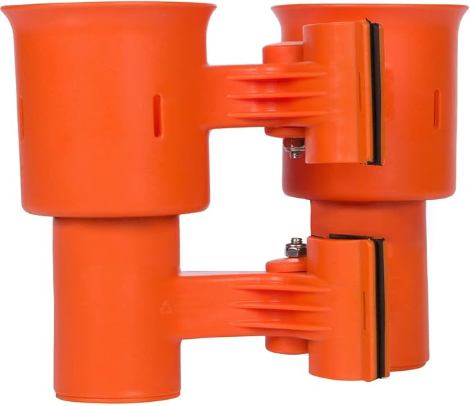 ROBOCUP, (Orange), Patented Clamp On Boat Cup Holder |Multifunction Dual Drink Caddy for Fishing Poles, Tools, Net, Gaff |Portable Storage for Boating, Beach, Umbrellas, Golf Carts, Strollers