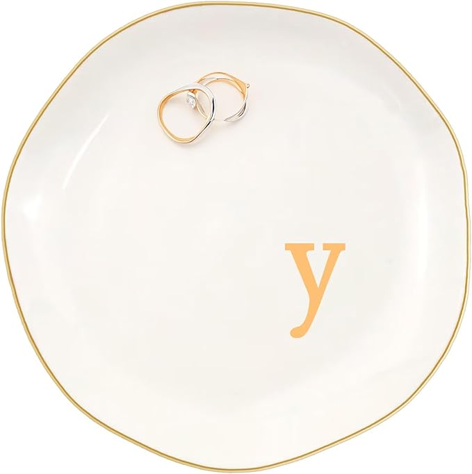 Ceramic Jewelry Dish with Personalized Monogram, White Decorative Ring Trinket Tray, Engagement Wedding Gift for Women Mom Friend, Letter y