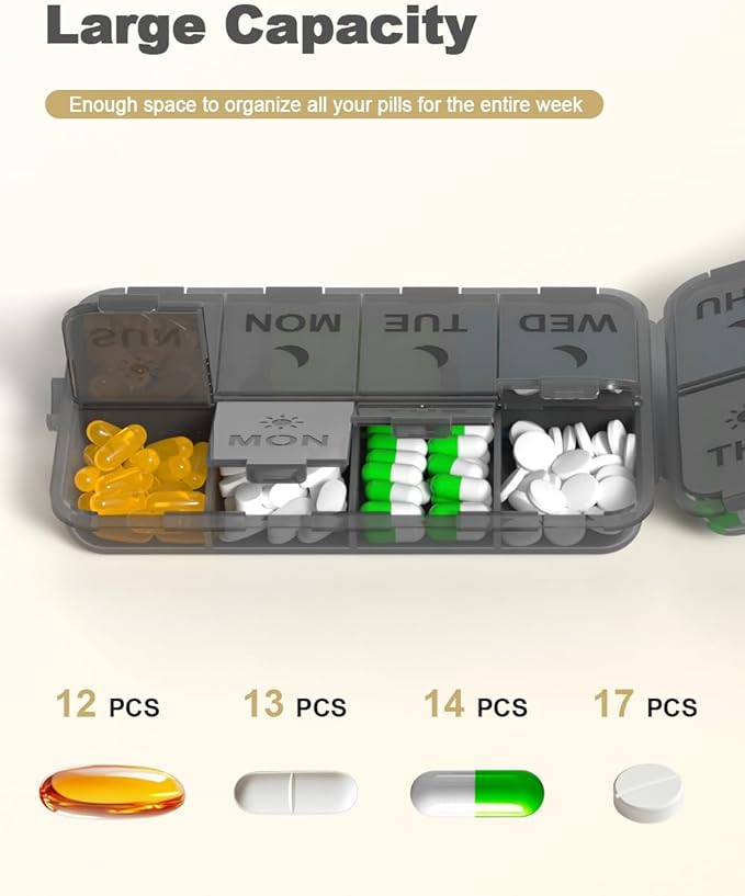Pill Organizer Medicine Organizer Travel Essentials - Weekly Medicine Dispenser with Etched Labels, 7 Day AM PM Dispenser, Travel Pill Box, Foldable Medicine Case