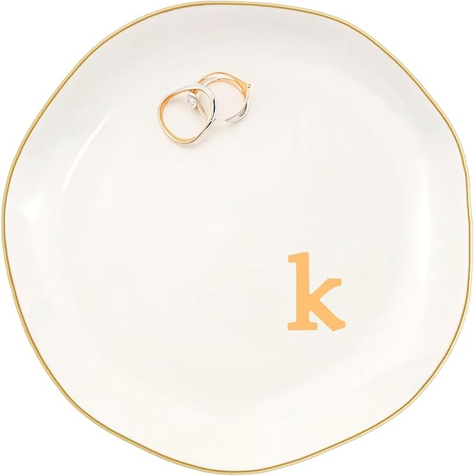 Ceramic Jewelry Dish with Personalized Monogram, White Decorative Ring Trinket Tray, Engagement Wedding Gift for Women Mom Friend, Letter k