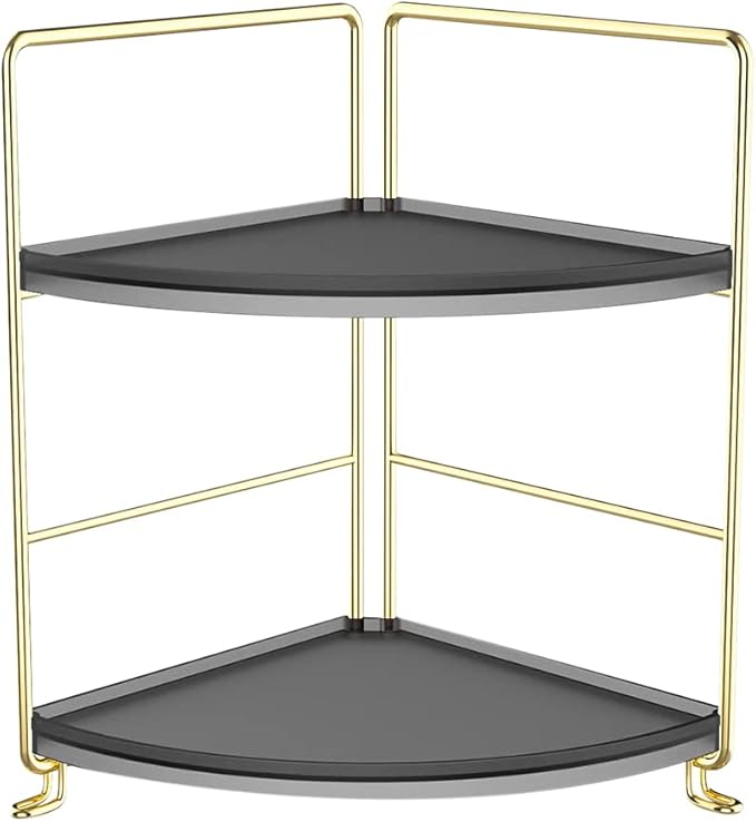 2-Tier Spice Rack Corner Storage Shelf Makeup Organizer Stackable Cosmetic Holder Standing Counter Shelf for Bathroom, Kitchen, Countertop, and Vanity (Gold + Black)