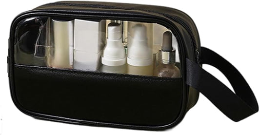 Clear Makeup Bag, Portable Travel Toiletry Cosmetic Bag Case for Women, TSA Approved Transparent PVC Waterproof Clear Pouch for Travel Essentials for Women - Black