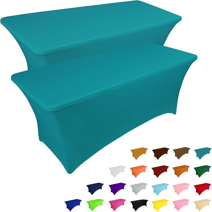 IVAPUPU 2 Pack 8FT Table Cloth for Rectangular Fitted Events Stretch Lake Blue Table Covers Washable Table Cover Spandex Tablecloth Table Protector for Party, Wedding, Cocktail, Banquet, Festival