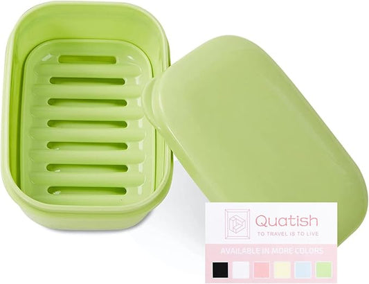 Quatish Leakproof Soap Dish with Lid & Draining Layer, Shatterproof Travel Bar Soap Holder Case Container, Portable Travel Size Toiletries Essentials for Camping, Gym, Bathroom, Green