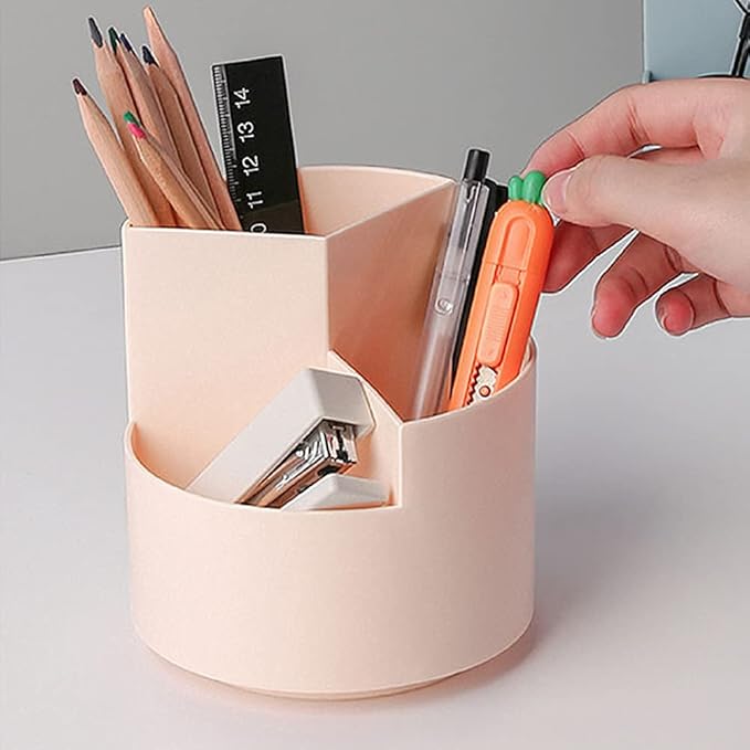Rotating Pen Holder 3 Compartments, School Supplies Organizer for Pen, Colored Pencil, Art Brushes, Desktop Storage Box in Classroom & Art Studio, Gift for Teachers, Classmates, and Friends ,Pink