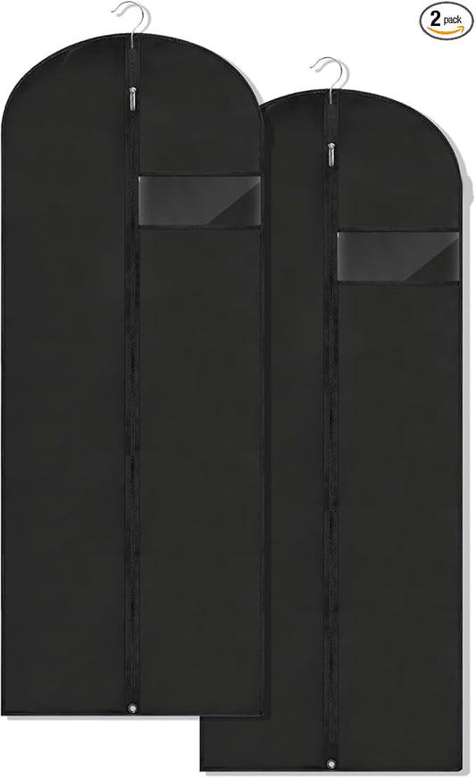 Dress Bags for Gowns Long, 60'' Garment Bags for Hanging Clothes, Suit Bag Cover for Storage and Travel, 2 Pack (Black)
