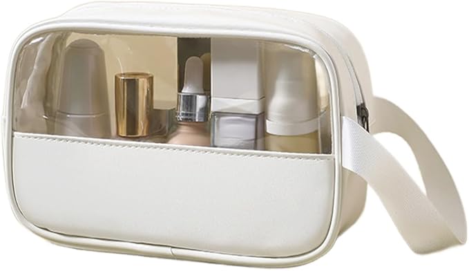 Clear Makeup Bag, Portable Travel Toiletry Cosmetic Bag Case for Women, TSA Approved Transparent PVC Waterproof Clear Pouch for Travel Essentials for Women - White