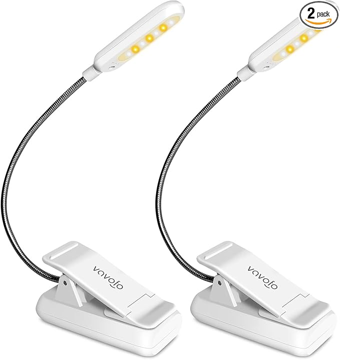 VAVOFO Book Light, Rechargeable Clip On Reading Light 7 LEDs with 9 Brightness Levels for Bed and Desk Studying (White 2-Pack)