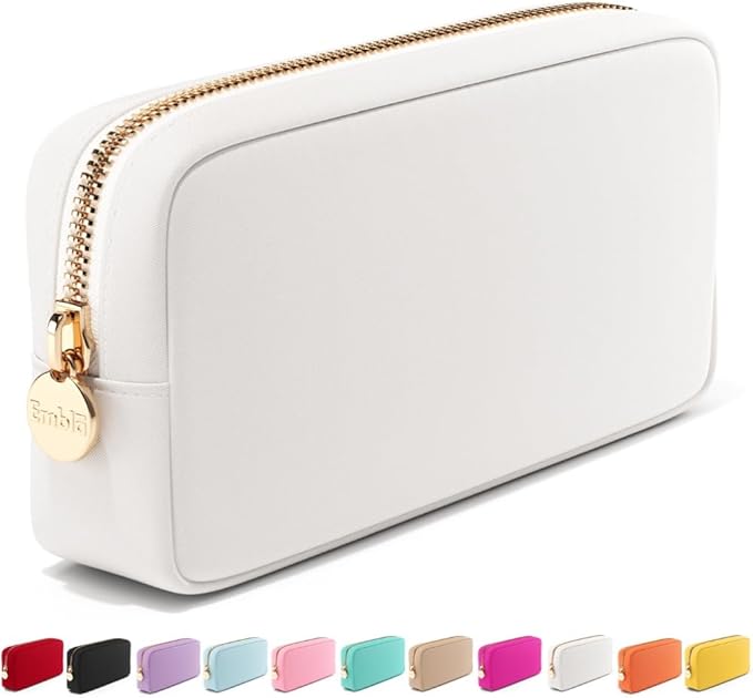 Embla Makeup Bag Travel Cosmetics Pouch and Toiletry Bag, Nylon Zipper Pouch Purse, Cute Make Up Organizer Storage Tote for Women Girls, Waterproof Travel Skincare Case, Small Makeup Bags, White