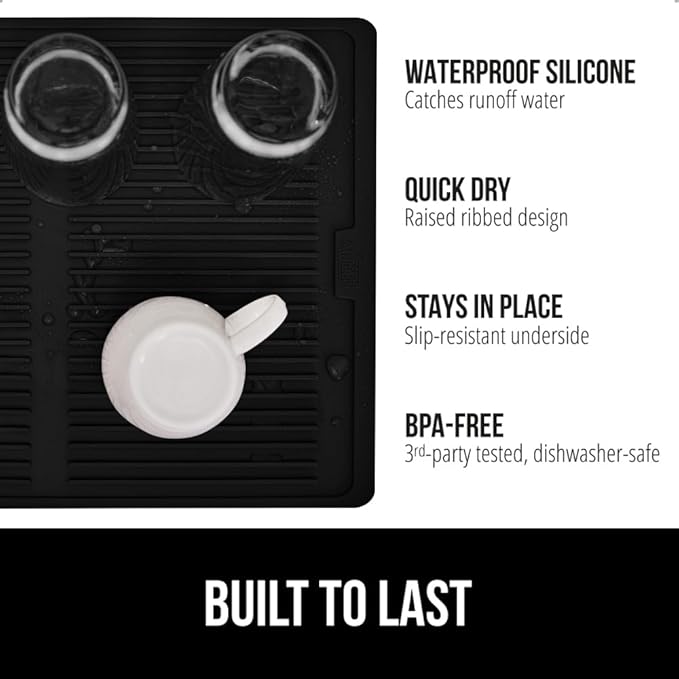 GORILLA GRIP 100% BPA-Free Patented Silicone Dish Drying Mat for Kitchen Counter, Water Catching Ribbed Design, Easy Clean Waterproof Sink Liner, Heat Resistant, Fits Under Rack, 11x13 Inch, Black