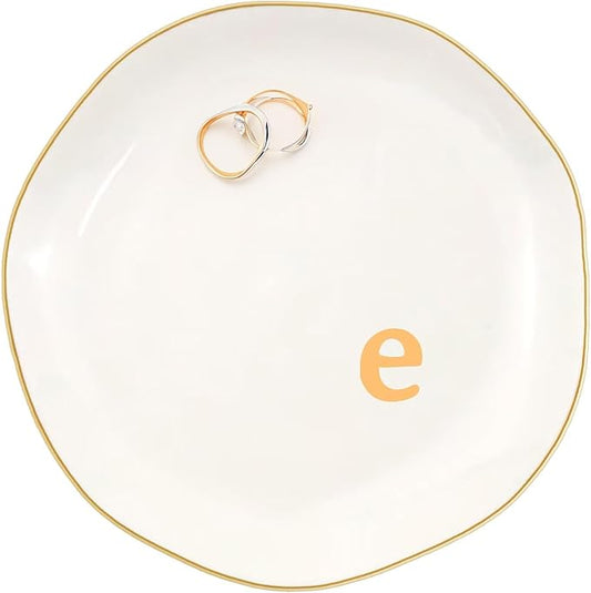 Ceramic Jewelry Dish with Personalized Monogram, White Decorative Ring Trinket Tray, Engagement Wedding Gift for Women Mom Friend, Letter e
