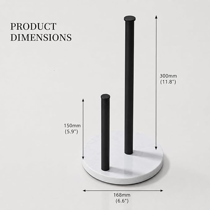 Matte Black Paper Towel Holder,Stainless Steel Paper Towel Holder for Kitchen Roll Organize, Standard or Jumbo-Sized Roll Paper, Countertop Roll Dispenser with Marble Base